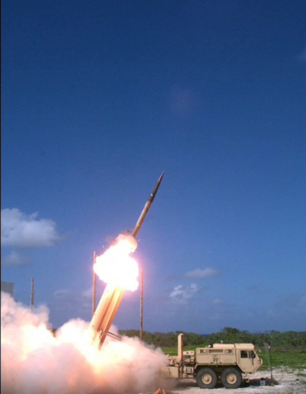 A Terminal High Altitude Area Defense interceptor is launched from a THAAD battery on Wake Island a Nov. 1, 2015, operational flight test. During the test, the THAAD system successfully intercepted two air-launched ballistic missile targets. Defense Missile Agency photo by Ben Listerman