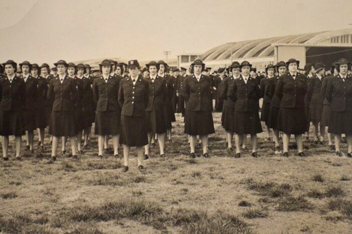 An undated photo from the personal collection of Alice Virginia Benzie, a Women Accepted for Volunteer Emergency Service (WAVES) sailor stationed at NAS Patuxent River in the 1940's, shows WAVES standing in formation at Naval Air Station Patuxent River, Md. Courtesy photo