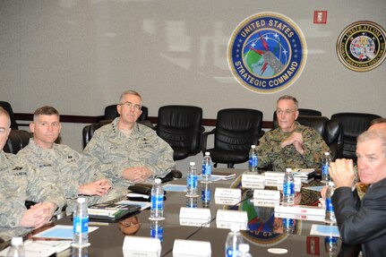 Chairman of the Joint Chiefs of Staff, U.S. Marine Corps Gen. Joseph F. Dunford, Jr. (center right), meets with Commander of U.S. Strategic Command (USSTRATCOM), U.S. Air Force Gen. John E. Hyten (center left), and other USSTRATCOM senior leaders during his visit to USSTRATCOM headquarters at Offutt Air Force Base, Neb., March 2, 2017.  During the visit, Dunford received command updates and had discussions on command structure; nuclear command, control and communication; command exercises; combatant command integration and other topics of interest.  Dunford is the 19th Chairman of the Joint Chiefs of Staff, the nation’s highest-ranking military officer and the principal military advisor to the President of the United States, Secretary of Defense and National Security Council.  One of nine Department of Defense unified combatant commands, USSTRATCOM has global strategic missions assigned through the Unified Command Plan that include strategic deterrence; space operations; cyberspace operations; joint electronic warfare; global strike; missile defense; intelligence, surveillance and reconnaissance; and analysis and targeting.