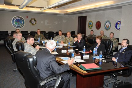 Chairman of the Joint Chiefs of Staff, U.S. Marine Corps Gen. Joseph F. Dunford, Jr. (center), meets with U.S. Strategic Command (USSTRATCOM) senior leaders during his visit to USSTRATCOM headquarters at Offutt Air Force Base, Neb., March 2, 2017.  During the visit, Dunford received command updates and had discussions on command structure; nuclear command, control and communication; command exercises; combatant command integration and other topics of interest.  Dunford is the 19th Chairman of the Joint Chiefs of Staff, the nation’s highest-ranking military officer and the principal military advisor to the President of the United States, Secretary of Defense and National Security Council.  One of nine Department of Defense unified combatant commands, USSTRATCOM has global strategic missions assigned through the Unified Command Plan that include strategic deterrence; space operations; cyberspace operations; joint electronic warfare; global strike; missile defense; intelligence, surveillance and reconnaissance; and analysis and targeting. 
