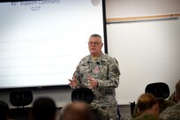 Army Reserve Command Sgt. Maj. James Rogers, 2/411 Logistics Support Battalion, 181st Infantry Brigade, gives overview remarks on day one of an operational mobilization training and assessment brief, hosted by the 85th Support Command, Mar. 3, 2017.  The briefing was to prepare the 85th Support Command’s Army Reserve logistics support and training support battalions, operationally controlled by First Army, that have been identified for upcoming mobilizations in support of First Army’s post mobilization training requirements at Mobilization Force Generation Installations. Throughout the three-day assessment brief, the command staffs prepare the units in terms of readiness, training, equipment and personnel. The briefing highlights the Army Reserve’s contribution within the multi-component partnership shared with First Army. Army Reserve Soldiers have different mechanisms, and funding allocations to name a few contrasts from their active component partners, but Col. Robert Cooley, Deputy Commander, 85th Support Command, explained that the end state is the same – to get trained Soldiers ready to do their mission whether it is CONUS (Continental United States) or OCONUS (Outside Continental United States). The goal for the three-day event is to establish a unified, synchronized deployment readiness plan for the execution of pre-deployment training.
(U.S. Army photo by Master Sgt. Anthony L. Taylor/Released)