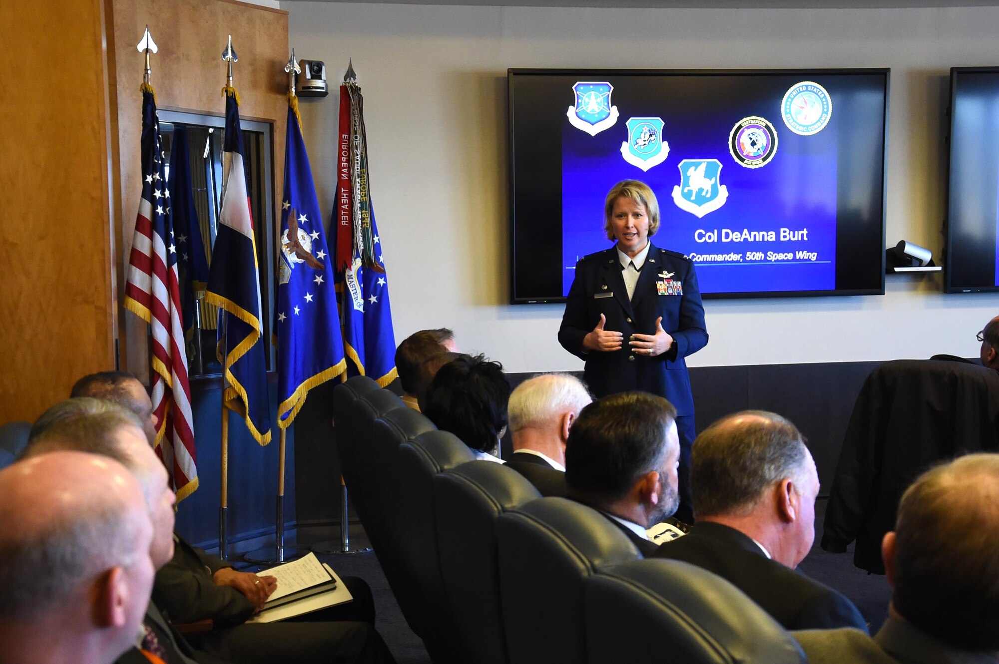 Col. DeAnna Burt, 50th Space Wing commander, answers questions from local leaders about the future of the base during the bi-annual State of the Base event at Schriever Air Force Base, Colorado, March 1, 2017.  The event helps base leaders and local decision-makers work together to bolster partnerships and improve relationships.  (U.S. Air Force photo/Tech. Sgt. Sara Bishop)