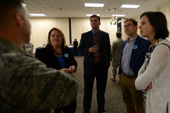 Team Shaw honorary commanders converse before an induction ceremony at the Carolina Skies Club and Conference Center at Shaw Air Force Base, S.C., March 3, 2017. The honorary commander program is designed to strengthen bonds between Shaw and the local community by partnering civic leaders with squadron, group and wing commanders. (U.S. Air Force photo by Airman 1st Class Kelsey Tucker)