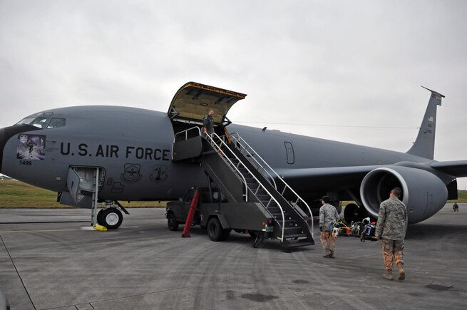 Medical equipment is loaded onto a Utah Air Guard KC-135R Sratotanker for an aeromedical evacuation mission in Kadena Air Base, Japan on Feb 23, 2017. (U.S. Air National Guard photo by Tech. Sgt. Annie Edwards)