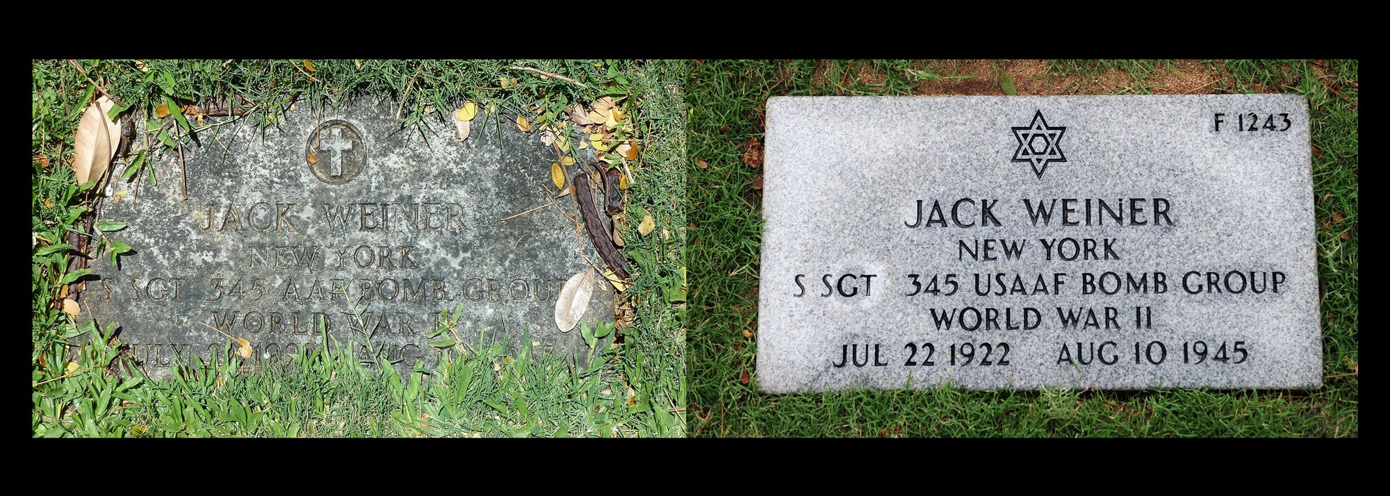 Photo illustration comparing Staff Sgt. Jack Weiner’s previous headstone and his corrected headstone. In 1949 Weiner was interred with the wrong religious symbol on his headstone. On Feb. 28, 2017, 1st Lt Levy Pekar, Rabbi Chaplain assigned to Nellis Air Force Base, Nev., led the headstone replacement ceremony at the National Memorial Cemetery of the Pacific, Honolulu, HI. (U.S. Air Force photo illustration by Tech. Sgt. Heather Redman)
