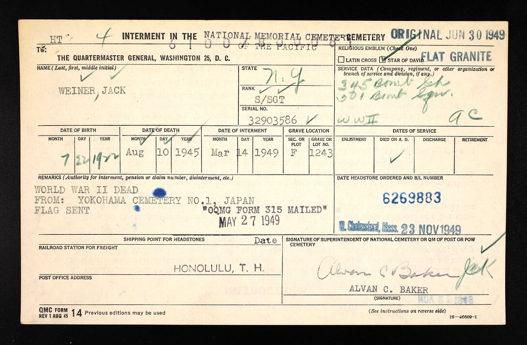 Copy of Staff Sgt. Jack Weiner’s Quarter Master General’s form. (Courtesy Photo)