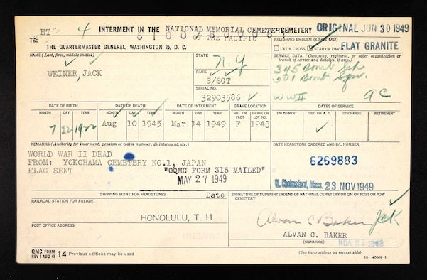 Copy of Staff Sgt. Jack Weiner’s Quarter Master General’s form. (Courtesy Photo)