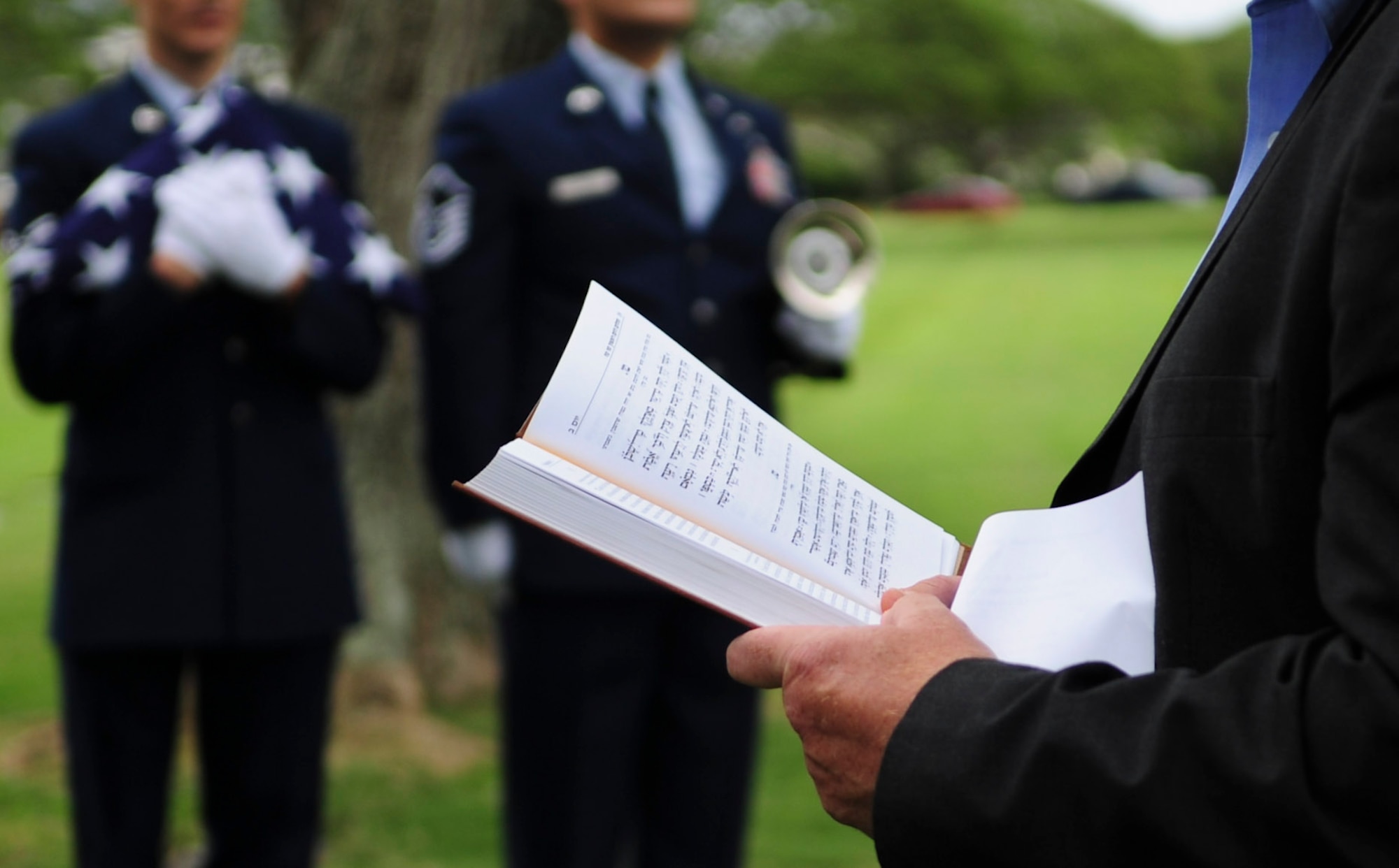 Daniel Bender, leader at the Lay Aloha Jewish Chapel, reads the Kelma’male Rachamim a prayer during a memorial service for Staff. Sgt. Jack Weiner, U.S. Army Air Forces, at the National Memorial Cemetery of the Pacific, Feb. 28, 2017. Weiner died in 1945 during an air raid in Japan and was originally interred with a tombstone featuring a Christian Cross instead of the requested Star of David. (U.S. Air Force photo by Tech. Sgt. Heather Redman)