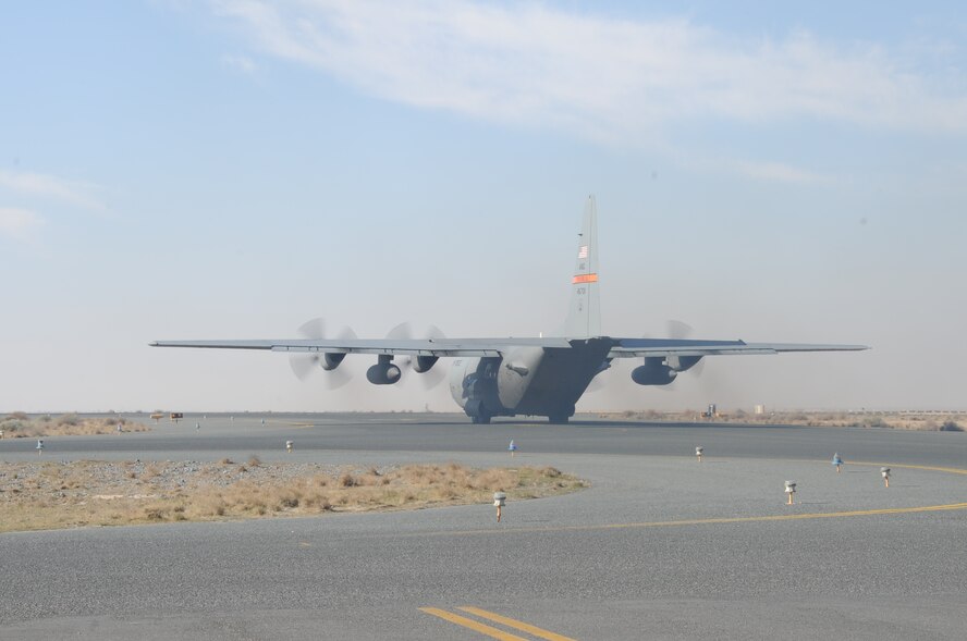 A 737th Expeditionary Airlift Squadron C-130H Hercules taxis on the flightline Feb. 8, 2017 at an undisclosed location in Southwest Asia. The 737th includes Airmen deployed from the 182nd Airlift Wing, Illinois Air National Guard, and supports Operation Inherent Resolve by delivering personnel and cargo downrange. (U.S. Air Force photo/Tech. Sgt. Kenneth McCann)