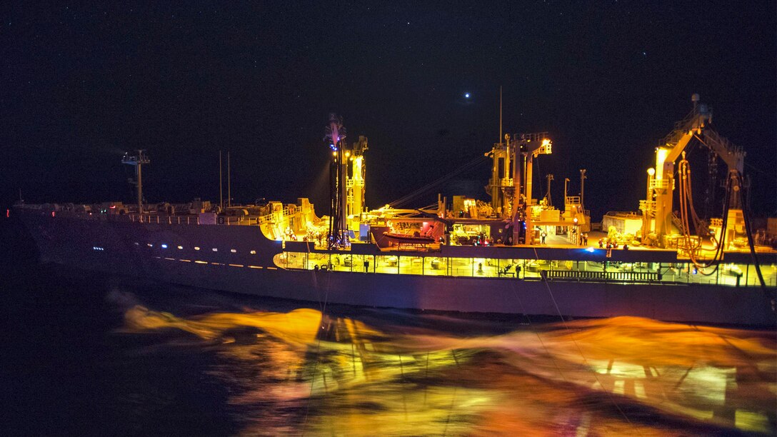 The replenishment oiler USNS Pecos steams alongside amphibious assault ship USS Bonhomme Richard during a fueling in the East China Sea, Feb. 28,2017. The Richard is in the Indo-Asia-Pacific region, serving as a forward-capability for any type of contingency. Navy photo by Petty Officer 2nd Class Diana Quinlan
