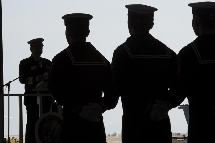 Japan Maritime Self-Defense Force Vice Adm. Nobumasa Maki, commander of Fleet Air Force, speaks during a retirement ceremony to decommission the last two remaining active MH-53E helicopters from service at Marine Corps Air Station Iwakuni, Japan, March 3, 2017. The MH-53E’s flew 6,000 hours throughout 27 years as airborne mine countermeasures and heavy transport helicopters for HM-111. (U.S. Marine Corps photo by Lance Cpl. Joseph Abrego)