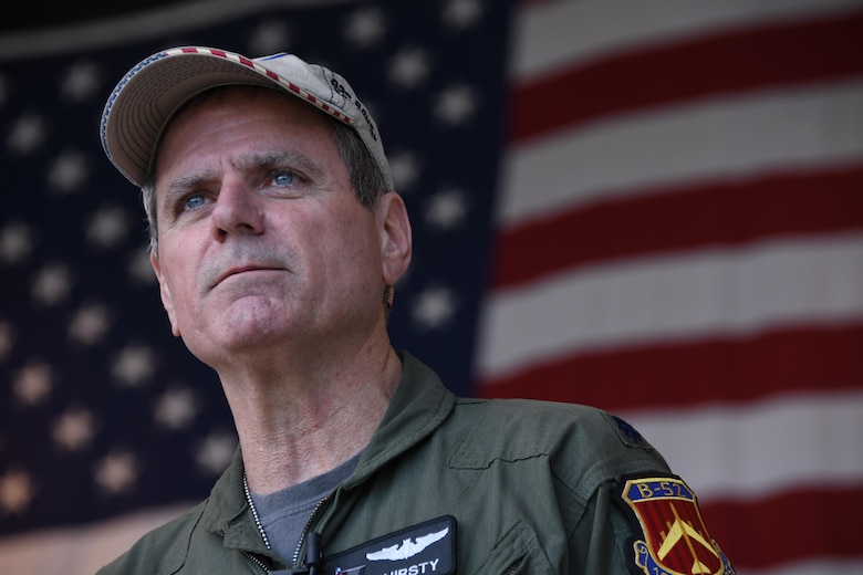 U.S. Air Force Lt. Col. Steve Smith, 93rd Bomb Squadron flight instructor, answers questions from the media at Barksdale Air Force Base, La., March 3, 2017.  Smith just returned from a training mission where he surpassed 10,000 flight hours in the B-52 Stratofortress. During his career, Smith helped train more than 1,800 B-52 aircrew members.  He was also instrumental in developing a targeting pod for the jet that improved weapon accuracy. (U.S. Air Force photo by Tech. Sgt. Ted Daigle/Released)