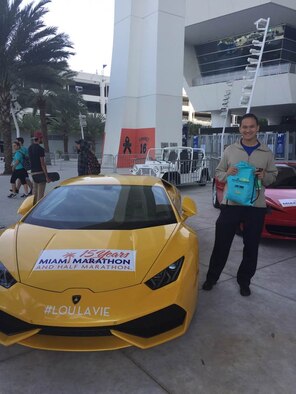 Captain Jason Burrows, 756th Air Refueling Squadron pilot, poses for a photo prior to running a marathon in Miami, Fla., in January. The event marks the first of six races Burrows is scheduled to run in 2017. (Courtesy Photo)