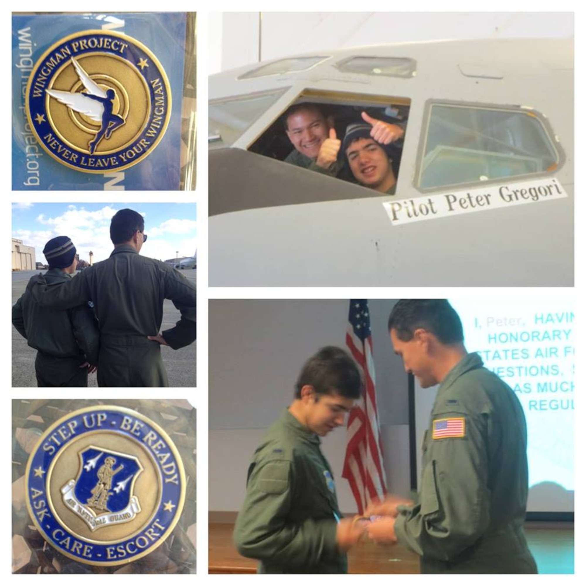 Captain Jason Burrows, 756th Air Refueling Squadron pilot, interacts with honorary Pilot for a Day Peter Gregori at Joint Base Andrews, Md., in 2014. (Courtesy Graphic)  