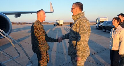 OFFUTT AIR FORCE BASE, Neb. - Chairman of the Joint Chiefs of Staff, U.S. Marine Corps Gen. Joseph F. Dunford, Jr. (left), is greeted by the Commander of U.S. Strategic Command (USSTRATCOM), U.S. Air Force Gen. John E. Hyten, upon arriving at Offutt Air Force Base, Neb., March 1, 2017. During his visit, Dunford met with Hyten and other USSTRATCOM senior leaders for command updates and discussions on command structure; nuclear command, control and communication; command exercises; combatant command integration and other topics of interest. Dunford is the 19th Chairman of the Joint Chiefs of Staff, the nation’s highest-ranking military officer and the principal military advisor to the President of the United States, Secretary of Defense and National Security Council.