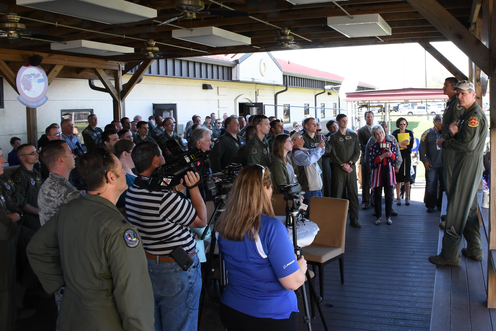 A large crowd gathered behind the 93rd Bomb Squadron to greet U.S. Air Force Lt. Col. Steve Smith, 93rd BS flight instructor, after he returned from a mission where he surpassed 10,000 flight hours in the B-52 Stratofortress. Several local media outlets, officials from Boeing and several hundred well-wishers were on hand to witness the historic feat.  No current aircrew member in the Air Force has amassed as many hours in the jet in at least 30 years.   (U.S. Air Force photo by Tech. Sgt. Ted Daigle/Released)