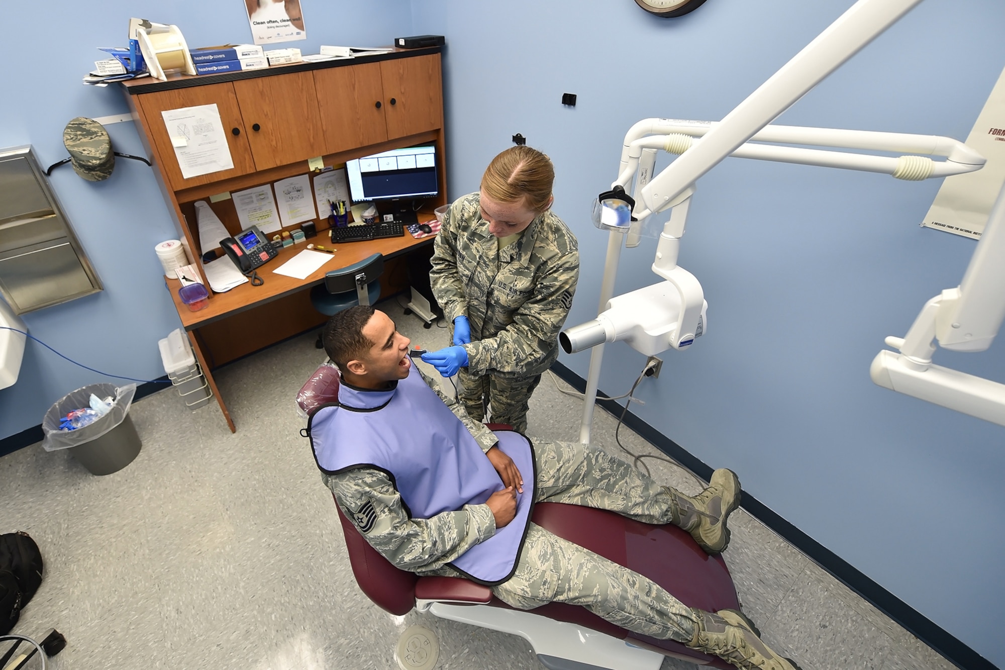 Tech. Sgt. Anthony Hall and Staff Sgt. Lauren Hagen both 434th Aerospace Medicine Squadron dental assistants, test x-ray equipment during a recent unit training assembly at Grissom Air Reserve Base, Ind., Oct. 29, 2017. The 434th Aerospace Medicine Squadron dental clinic is one of several different areas that AMDS comprises of and available to Grissom Airmen. (U.S. Air Force photo/Staff Sgt. Jami K. Lancette)