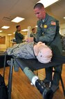 Tech. Sgt. Michael Wagner, 920th Aeromedical Staging Squadron cardiopulmonary technician, prepares a simulated patient for transport during the 5th Annual MEDBEACH joint medical response exercise March 4, 2017 at Patrick Air Force Base, Florida. (U.S. Air Force photo/Tech. Sgt. Lindsey Maurice)