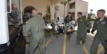 Air Force Reserve and Guard critical care air transport team members load a simulated patient onto a vehicle bound for transport on a C-17 Globemaster III March 5, 2017 at Patrick Air Force Base, Florida, during the 5th annual MEDBEACH joint medical response exercise. (U.S. Air Force photo/Tech. Sgt. Lindsey Maurice)
