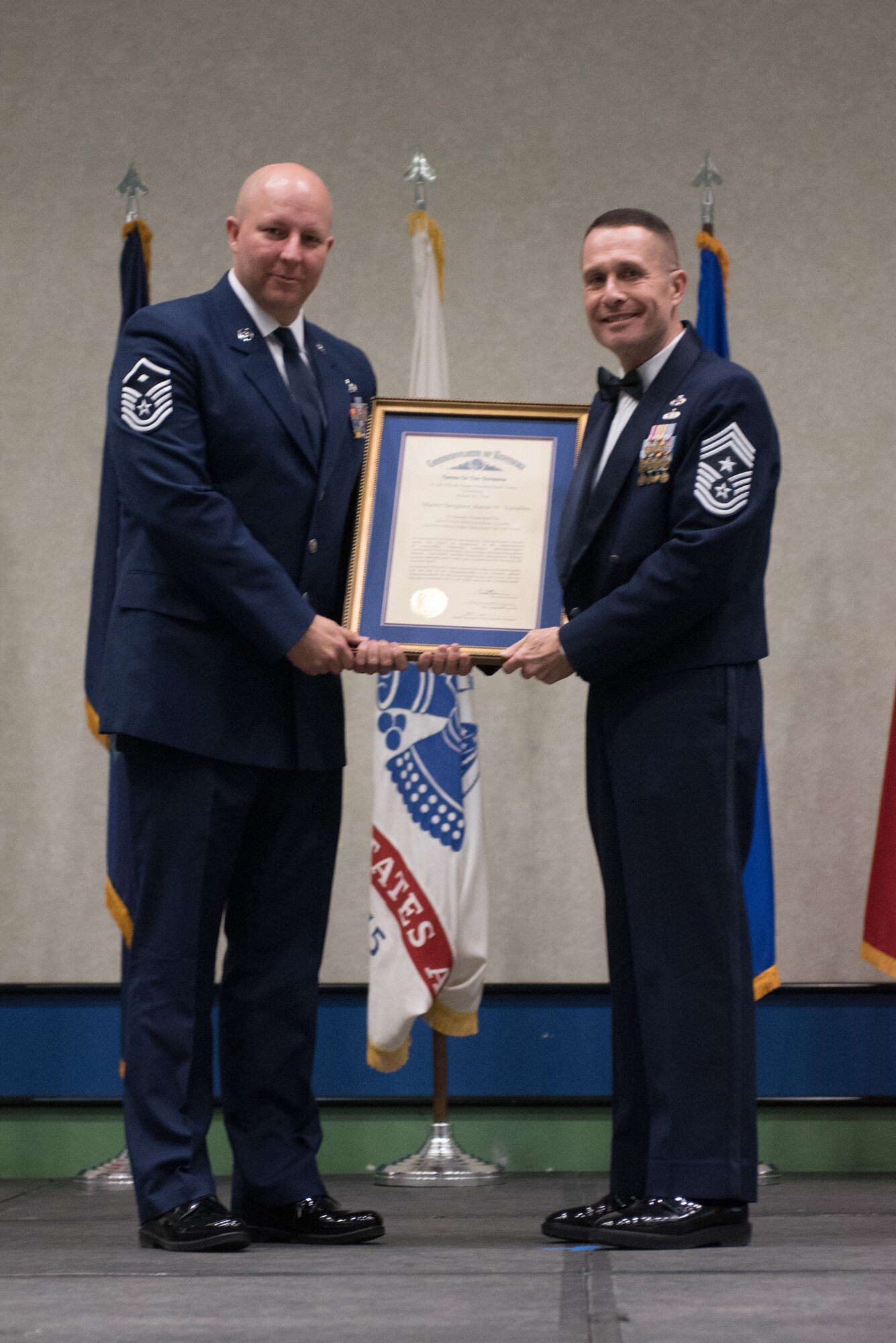 Master Sgt. Aaron W. Vanallen, First Sergeant for the 123rd Maintenance Group, was recognized as the First Sergeant of the Year by Chief Master Sgt. Ray Dawson, the 123rd wing command chief, during the Soldier and Airman of the Year banquet at the Kentucky Fair and Exposition Center, Louisville, Ky. on March 4, 2017. VanAllen was selected for his leadership and performance in his primary duties, dedication to self-improvement, and base and community involvement. (U.S. Air National Guard photo by Staff Sgt. Joshua Horton)