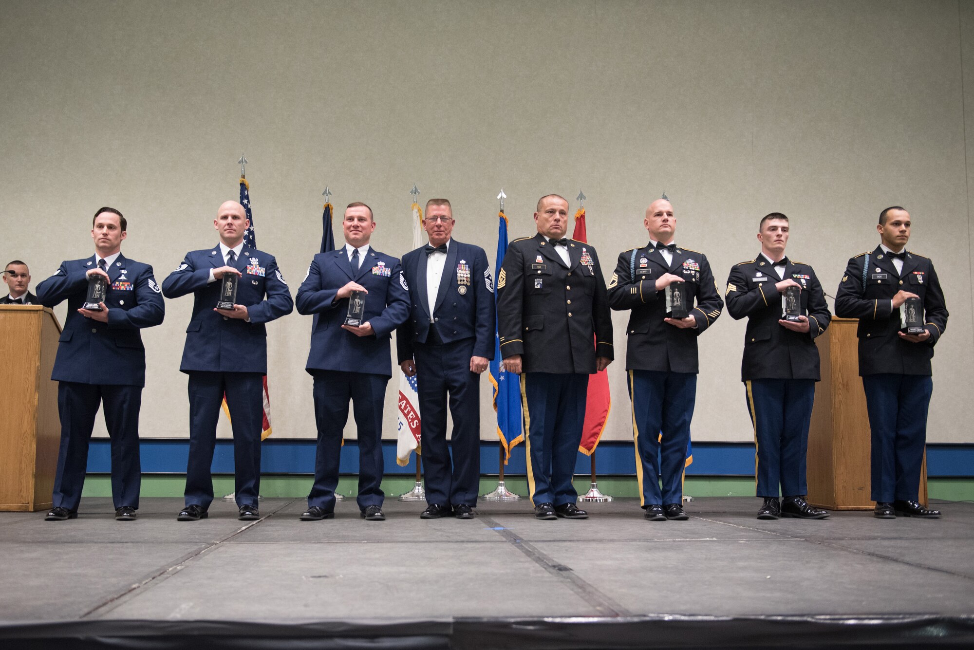 The Kentucky National Guard’s top service members were honored in the annual Kentucky Outstanding Soldier and Airman of the Year banquet at the Kentucky Far and Exposition Center, Louisville, Ky. on March 4, 2017. The winners were selected for their leadership and performance in their primary duties, dedication to self-improvement, and base and community involvement. (U.S. Air National Guard photo by Staff Sgt. Joshua Horton)