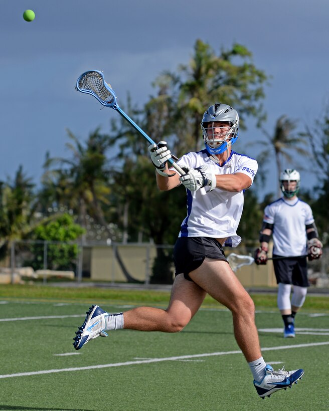 Airman 1st Class Ryan Muller, a member of the Guam Black Tips Lacrosse team, catches the ball Jan. 8, 2016, at Andersen Air Force Base, Guam. Muller has joined the Guam Black Tips, which is Guam's first club lacrosse team, after playing many years before joining the Air Force. Muller is an electrician with the 36th Civil Engineering Squadron. (U.S. Air Force photo by Airman 1st Class Gerald R. Willis)