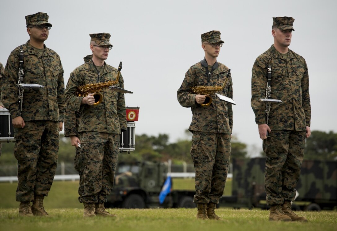 Staff Sgt. Michael Newell, a saxophone instrumentalist with III Marine Expeditionary Force Band, performed during a Combat Logistics Battalion 31 relief and appointment ceremony at Camp Hansen, Okinawa, Japan, Feb. 24, 2017. The III MEF Band is the only forward-deployed band in the Marine Corps, performing across the Asia-Pacific Region. (U.S. Marine Corps photo by Lance Cpl. Andy Martinez)