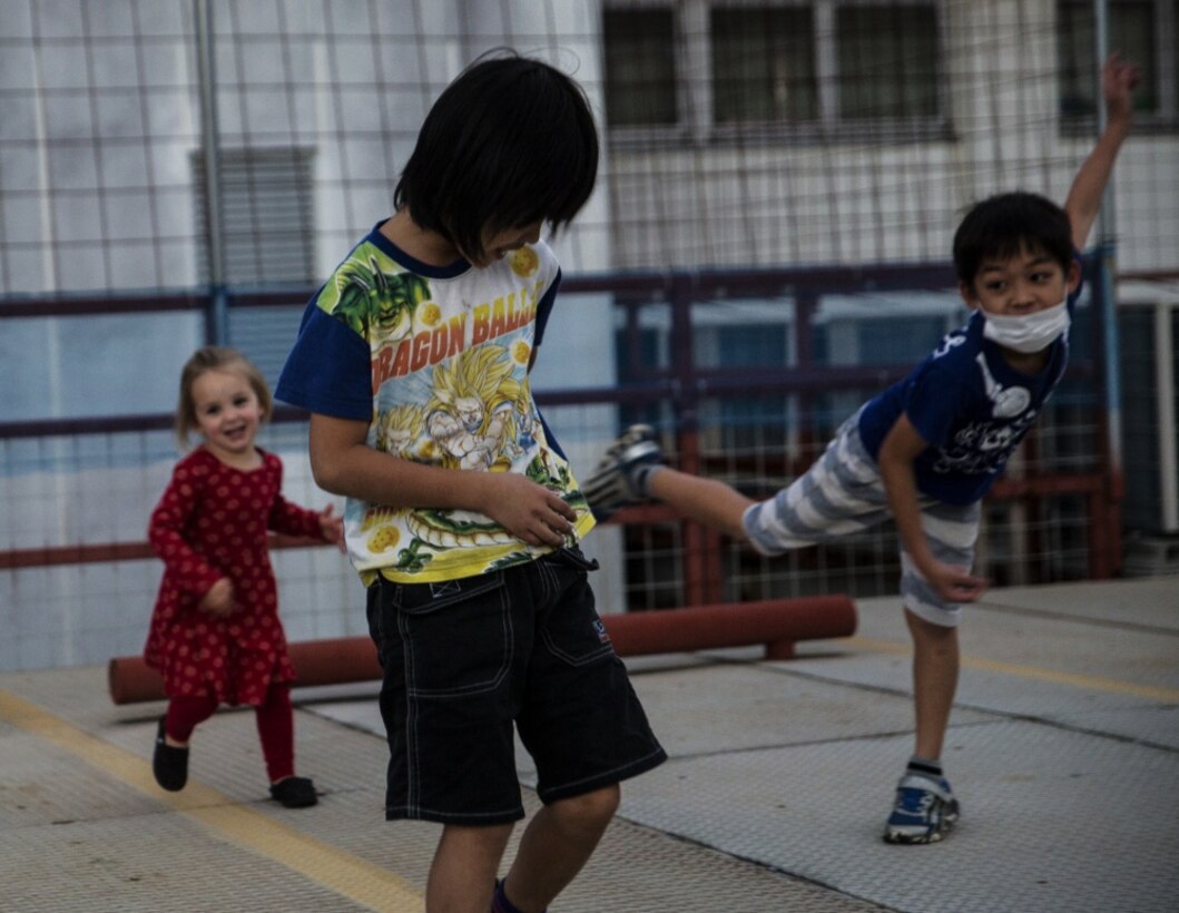 Okinawan and American children play on the playground during a community outreach event, March 3, 2017, at Yugafu Church, Okinawa, Japan. Marines and Sailors with 3D Marine Expeditionary Brigade provided food for less fortunate children during the event. This was the second time 3D MEB Marines and Sailors have participated in what will become a quarterly event. During the first, a Thanksgiving dinner, 3D MEB Marines and Sailors provided food for a total of 100 people at the church. (U.S. Marine Corps photo by Cpl. Jessica Etheridge) 