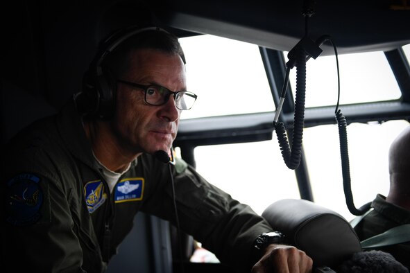Maj. Gen. Mark Dillon, Pacific Air Forces vice commander, communicates with  crew members, March 6, 2017. This is the first C-130J to be assigned to Pacific Air Forces. Yokota serves as the primary Western Pacific airlift hub for U.S. Air Force peacetime and contingency operations. Missions include tactical air land, airdrop, aeromedical evacuation, special operations and distinguished visitor airlift. (U.S. Air Force photo by Staff Sgt. Michael Smith)