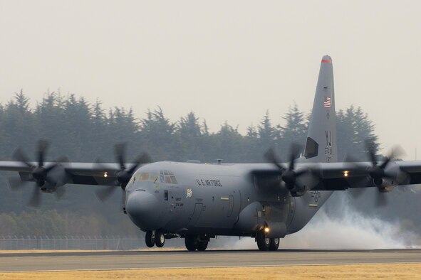 A C-130J Super Hercules taxies down a runway at Yokota Air Base, Japan, March 6, 2017. This is the first C-130J to be assigned to Pacific Air Forces. Yokota serves as the primary Western Pacific airlift hub for U.S. Air Force peacetime and contingency operations. Missions include tactical air land, airdrop, aeromedical evacuation, special operations and distinguished visitor airlift. (U.S. Air Force photo by Yasuo Osakabe)