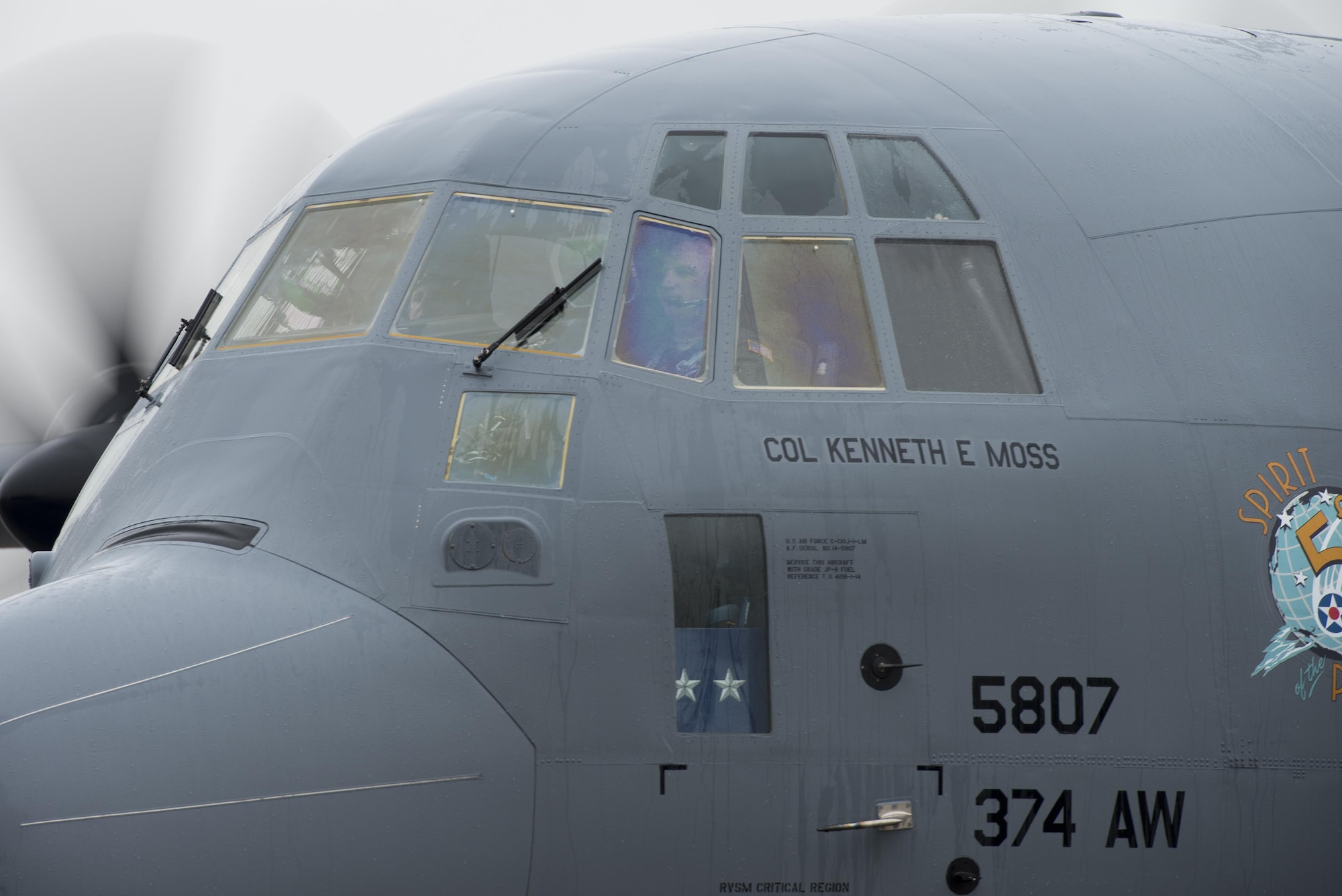 Col. Kenneth Moss, 374th Airlift Wing commander, taxis the first C-130J Super Hercules to be assigned to U.S. Pacific Air Forces at Yokota Air Base, Japan, Mar. 6, 2017. The new aircraft is scheduled to have fully replaced the 374th Airlift Wing's C-130 Hercules fleet by 2018. (U.S. Air Force photo by Senior Airman David C. Danford)