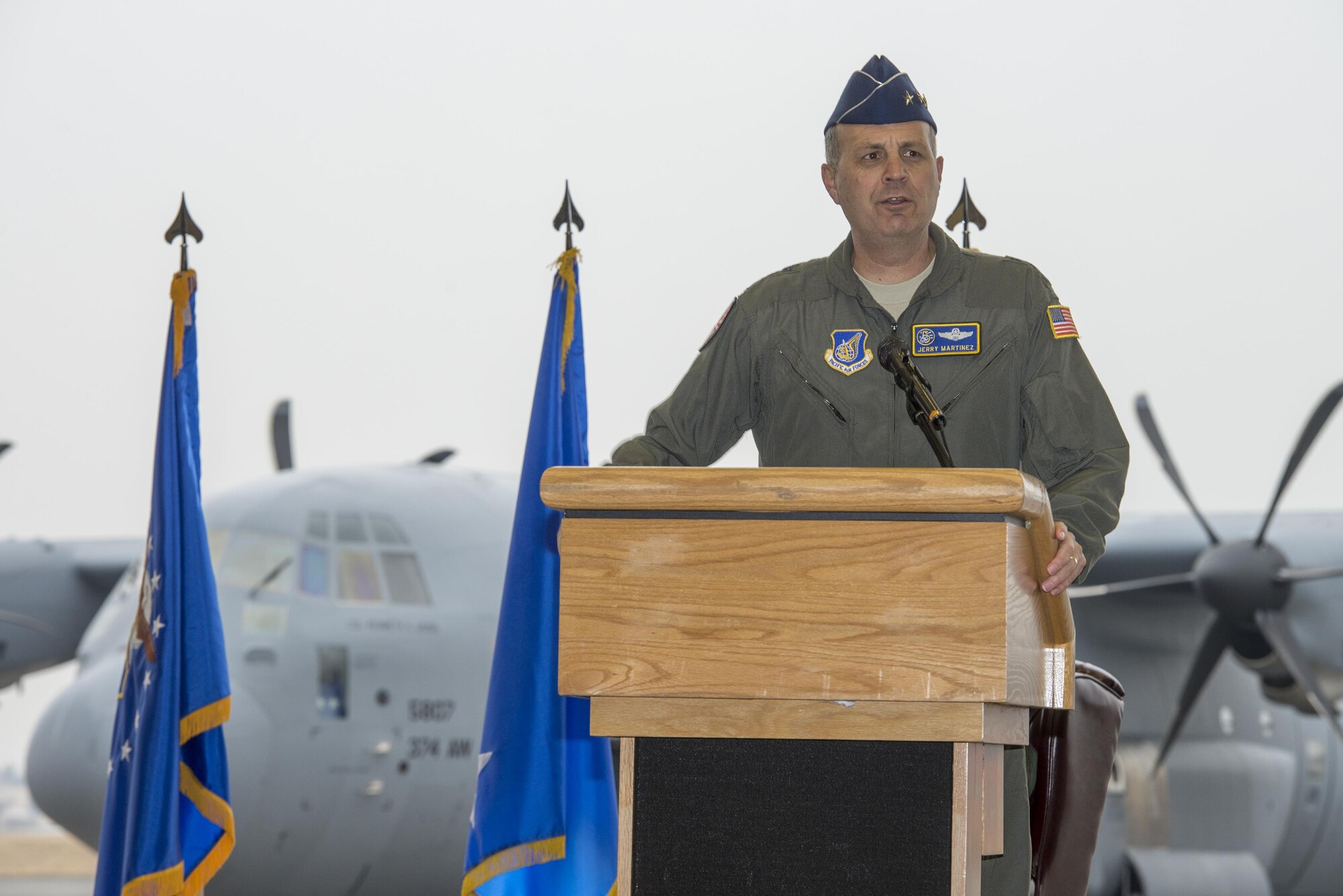 Lt. Gen. Jerry Martinez, U.S. Forces Japan and 5th Air Force commander, gives opening remarks during a ceremony held to celebrate the arrival of the first C-130J Super Hercules assigned to Yokota Air Base, Japan, Mar. 6, 2017. The C-130Js will be used to support critical peacekeeping and contingency operations throughout the Indo-Asia Pacific region, including cargo delivery, troop transport, airdrop and aeromedical missions. (U.S. Air Force photo by Senior Airman David C. Danford)