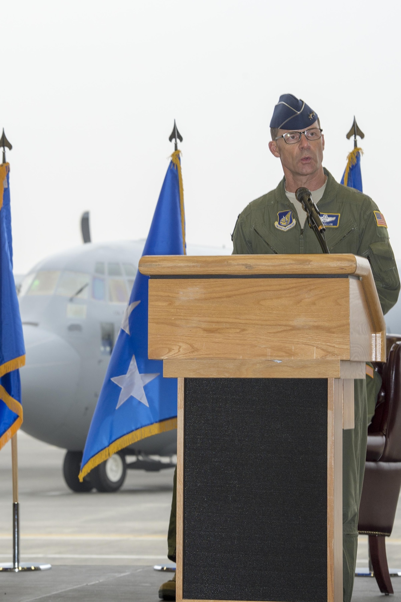 Maj. Gen. Mark Dillon, Pacific Air Forces vice-commander, gives a speech during a ceremony held to celebrate the arrival of the first C-130J Super Hercules assigned to Yokota Air Base, Japan, Mar. 6, 2017. The aircraft provides significant performance improvements and added operational capabilities that translate directly into increased effectiveness. (U.S. Air Force photo by Senior Airman David C. Danford)