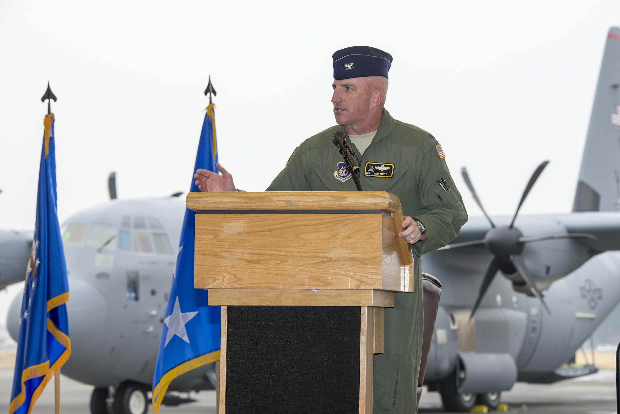 Col. Kenneth Moss, 374th Airlift Wing commander, gives closing remarks during a ceremony held to celebrate the arrival of the first C-130J Super Hercules assigned to Yokota Air Base, Japan, Mar. 6, 2017. The C-130Js will be used to support critical peacekeeping and contingency operations throughout the Indo-Asia Pacific region, including cargo delivery, troop transport, airdrop and aeromedical missions. (U.S. Air Force photo by Senior Airman David C. Danford)