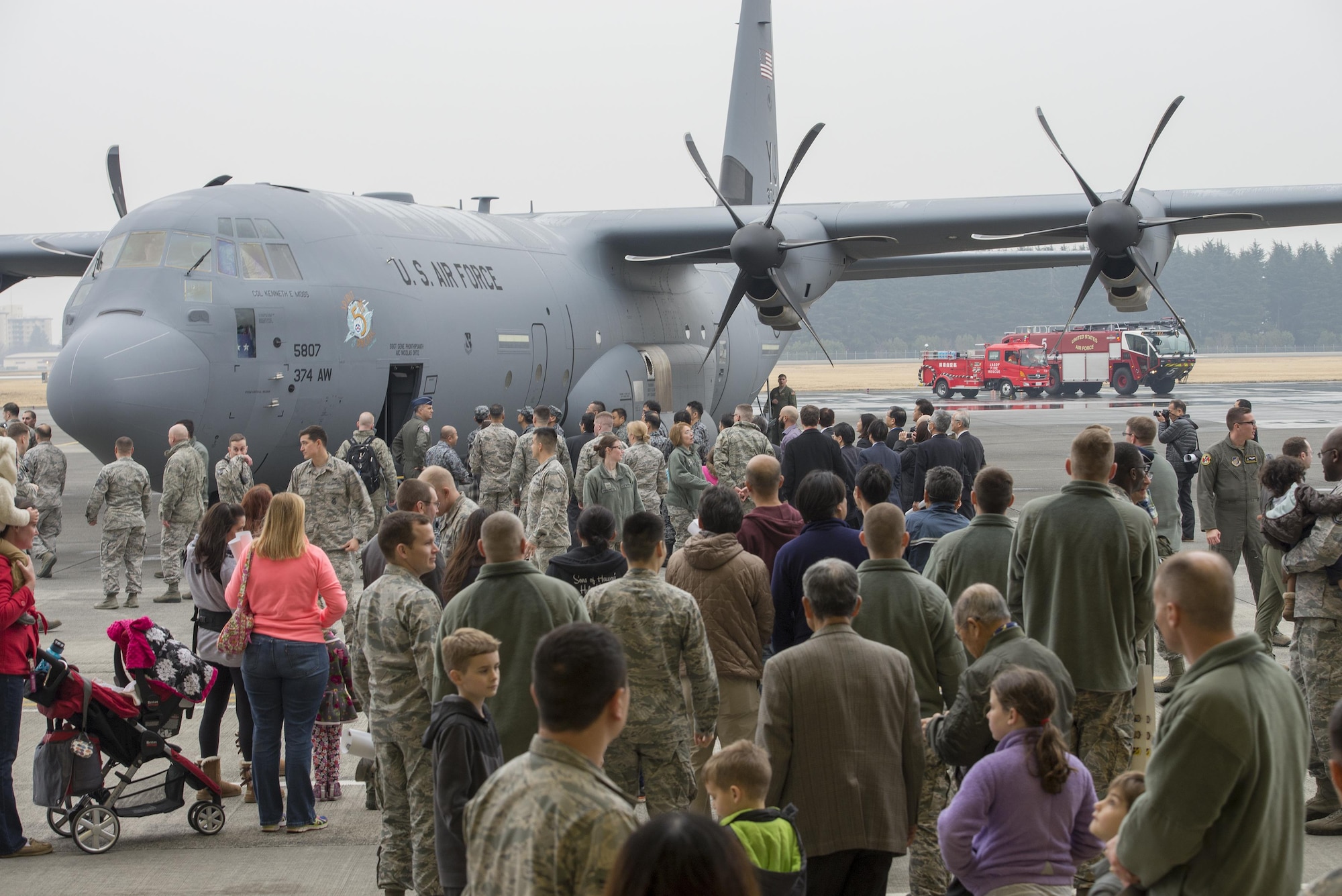 The first C-130J Super Hercules to be assigned to U.S. Pacific Air Forces arrives at Yokota Air Base, Japan, Mar. 6, 2017. The C-130Js will be used to support critical peacekeeping and contingency operations throughout the Indo-Asia Pacific region, including cargo delivery, troop transport, airdrop and aeromedical missions. (U.S. Air Force photo by Senior Airman David C. Danford)