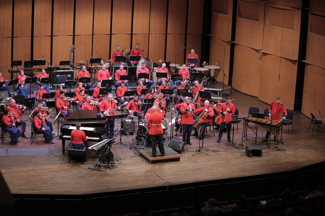 On March 5, 2017 the Marine Chamber Orchestra performed a program called "Jazz Orchestra" at the Rachel M. Schlesinger Concert Hall at Northern Virginia Community College in Alexandria, Va. The event began with a double bass and piano duo pre-concert presentation in the lobby. The selections on the "Jazz Orchestra" concert included Leonard Bernstein's Three Dance Variations from Fancy Free, Chick Corea's Spain (Revisited), Duke Ellington's Black, Brown, and Beige, and Sammy Nestico's arrangement A Swingphonic Collection. (U.S. Marine Corps photos by Master Sgt. Kristin duBois/released)