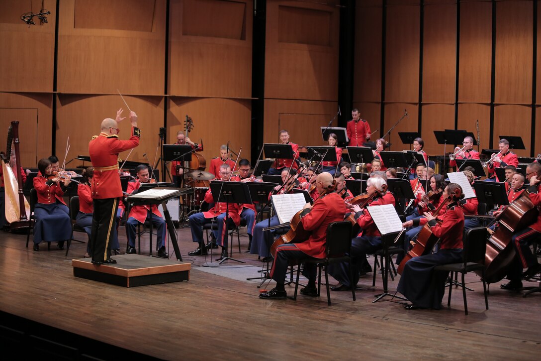 On March 5, 2017 the Marine Chamber Orchestra performed a program called "Jazz Orchestra" at the Rachel M. Schlesinger Concert Hall at Northern Virginia Community College in Alexandria, Va. The event began with a double bass and piano duo pre-concert presentation in the lobby. The selections on the "Jazz Orchestra" concert included Leonard Bernstein's Three Dance Variations from Fancy Free, Chick Corea's Spain (Revisited), Duke Ellington's Black, Brown, and Beige, and Sammy Nestico's arrangement A Swingphonic Collection. (U.S. Marine Corps photos by Master Sgt. Kristin duBois/released)