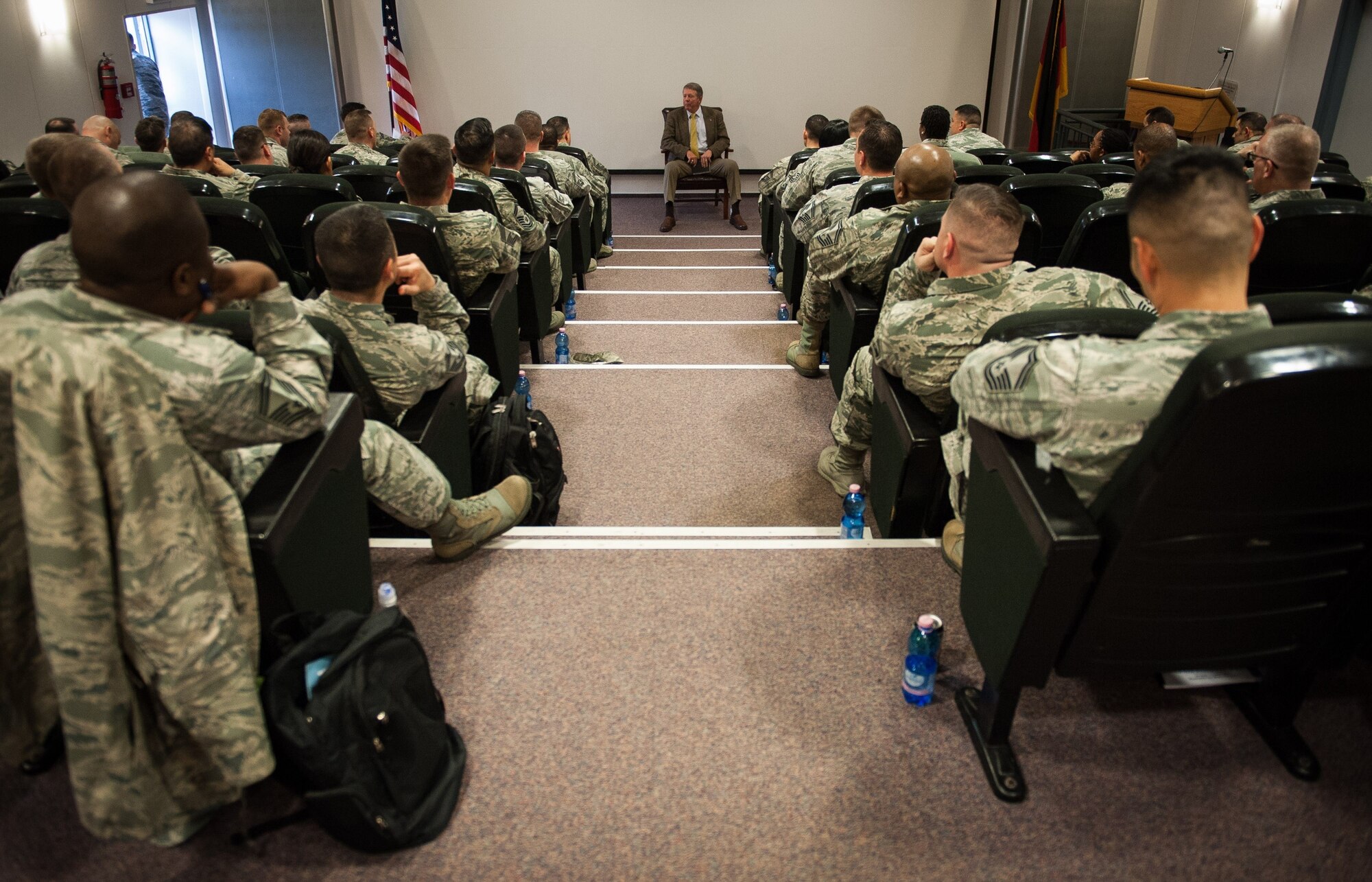 Chief master sergeant selects attend a seminar with guest speaker retired Chief Master Sgt. of the Air force Rodney J. McKinley at Ramstein Air Base, Germany, Mar. 2, 2017. McKinley served the largest role an Air Force enlisted member can hold June 2006 to June 2009. (U.S. Air Force photo by Senior Airman Lane T. Plummer)
