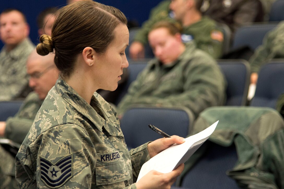 Air Force Tech. Sgt. Stephanie Krueger gives an incoming brief to new arrivals during exercise Crisis Response 2017 at Gulfport, Mississippi, March 3, 2017. Air Force photo by Staff Sgt. Robert Waggoner