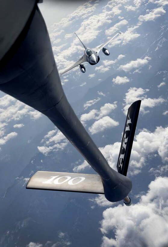 A Romanian air force F-16 Fighting Falcon approaches a U.S. Air Force KC-135 Stratotanker refueling boom Feb. 28, 2017, during air refueling training over Bucharest, Romania. The 100th Air Refueling Wing from RAF Mildenhall, England, travelled to Bucharest to train and certify the RoAF F-16 Fighting Falcon fleet on air refueling with a U.S. tanker. (U.S. Air Force photo by Staff Sgt. Kate Thornton)
