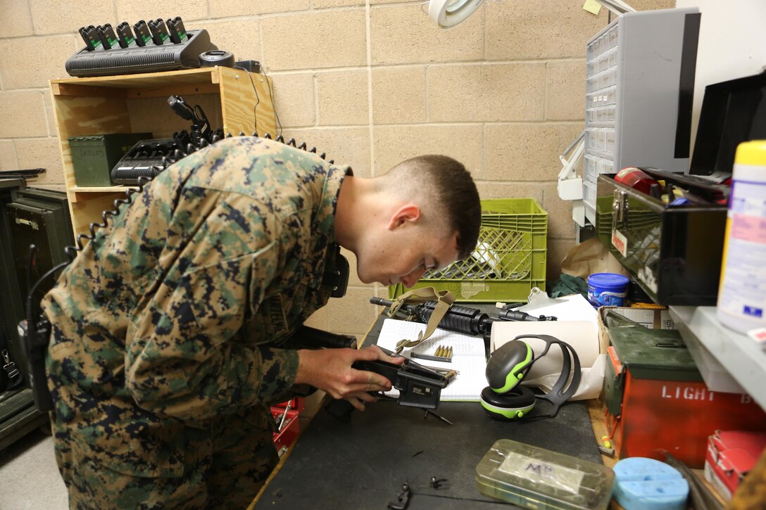 Lance Cpl. Anthony Bartelmie, the Hathcock Range armorer, examines a possible weapon malfunction, the Carlos Hathcock Range Complex at Marine Corps Air Station Miramar, Calif., March 1. As the range armorer, Bartelmie is responsible for assisting with weapons malfunctions while Marines are on the range. (U.S. Marine Corps photo by Lance Cpl. Liah Kitchen/Released)