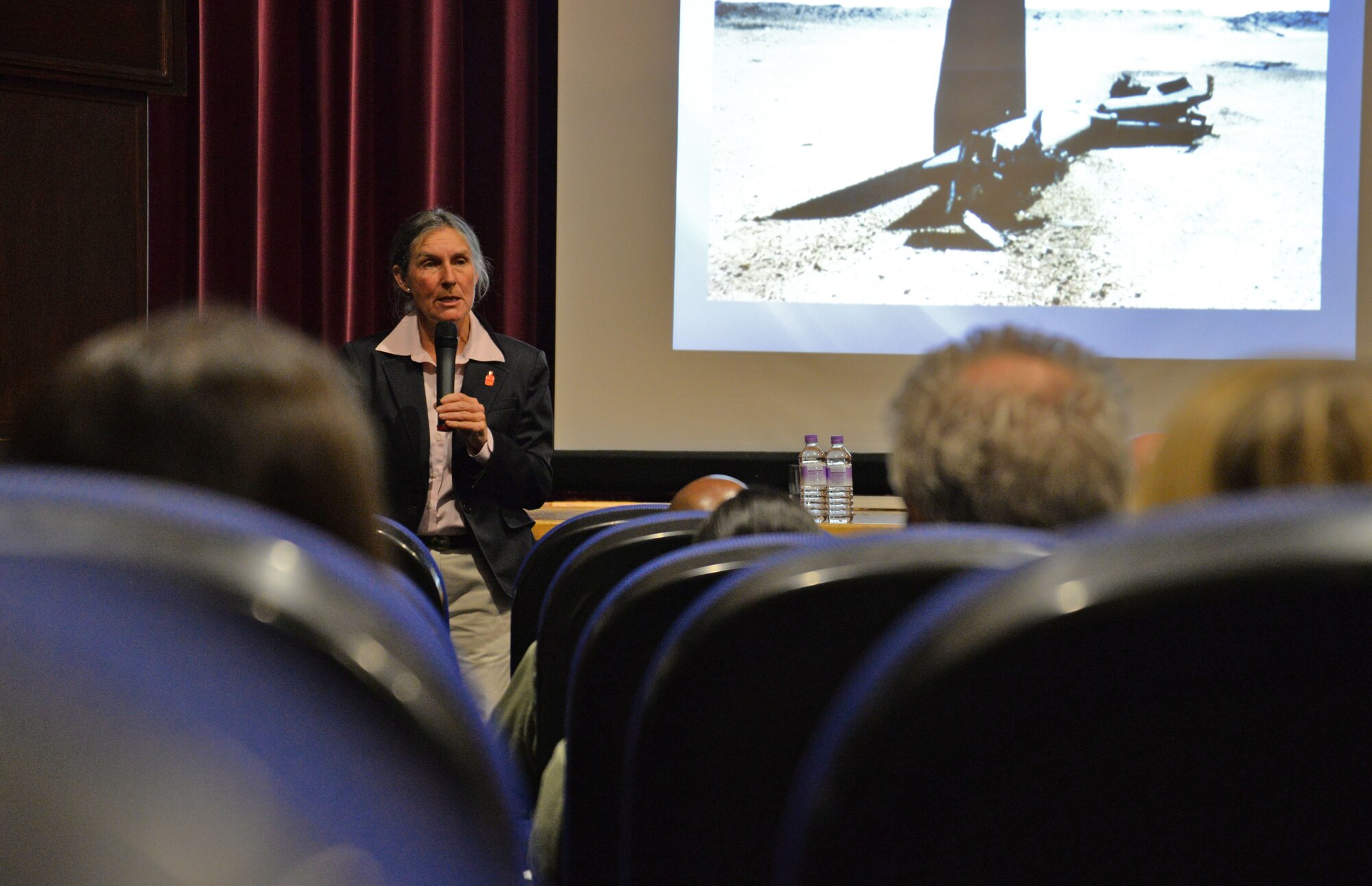 Retired U.S. Army Brig. Gen. Rhonda Cornum shares her personal story with Team Mildenhall members about her story of being captured during the Persian Gulf War, Mar. 2, 2017, at the base theater on RAF Mildenhall, England. Cornum spoke about injuries she sustained from a helicopter crash during the war and about her subsequent capture by Iraqi soldiers who held her as a prisoner of war. She described how her resiliency and positive thoughts got her through the ordeal when she returned home. (U.S. Air Force photo by Senior Airman Christine Halan) 