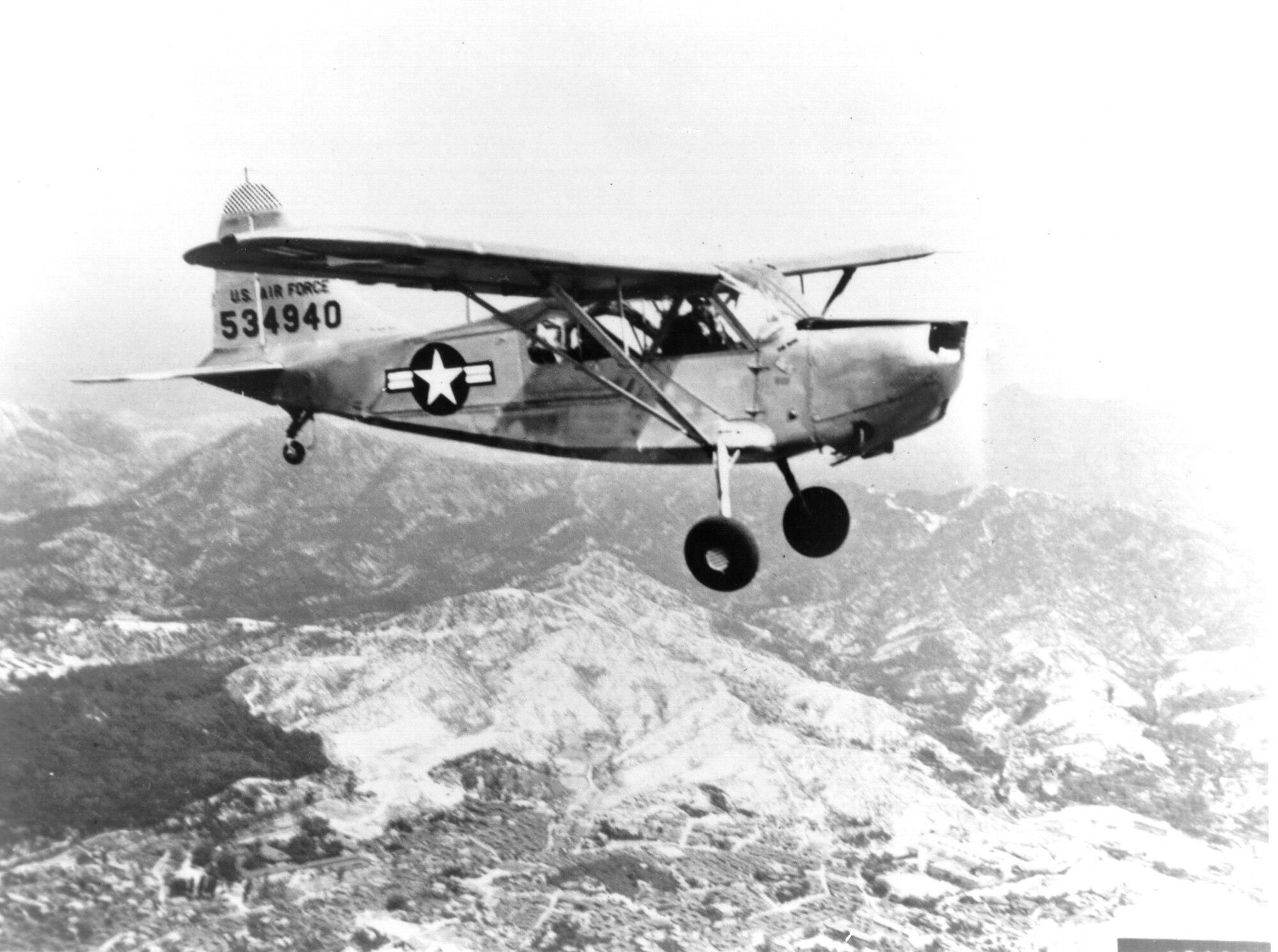 Single Vultee USAF L-5 shown in flight. This aircraft is powered by an O-series engine. (Photo courtesy of the Tinker History Office)