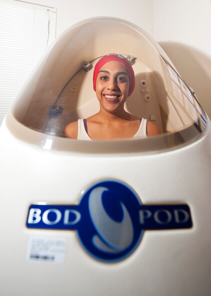 Sheena Swanner, Health and Wellness Center registered dietitian nutritionist, sits in the Bod Pod at Minot Air Force Base, N.D., Feb. 24, 2017. The Bod Pod is available for active duty military members, dependents 17 and older, Department of Defense retirees and civilian contractors. (U.S. Air Force photo/Senior Airman J.T. Armstrong)