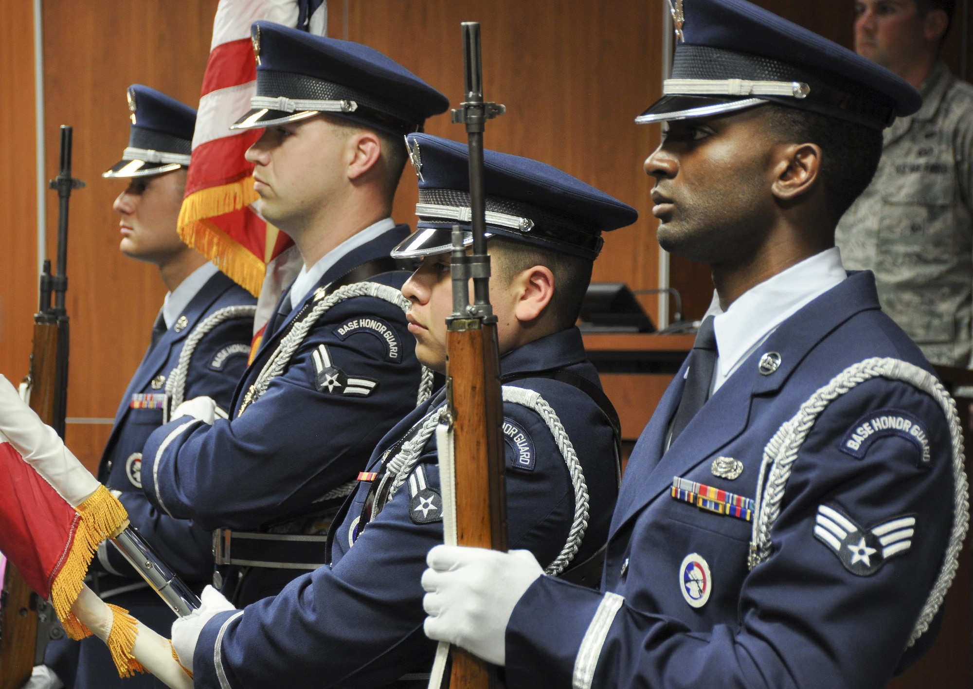 The Eglin Air Force Base Honor Guard presents the colors during  the 919th Special Operations Support Squadron change of command ceremony March 3 at Duke Field, Fla.  Lt. Col. Dustin Hiers, took command of the squadron at the ceremony.  (U.S. Air Force photo/Dan Neely)