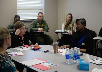 Ellyn Dunford (left), wife of  U.S. Marine Corps Gen. Joseph F. Dunford, Jr., Chairman of the Joint Chiefs of Staff, meets with Billie Gaines (right), chief of the Offutt Airman and Family Readiness Center (A&FRC), and other A&FRC  personnel at Offutt Air Force Base, Neb., March 2, 2017.  During her visit, Dunford toured the SAC Chapel, Offutt A&FRC and the Offutt Air Force Base Chapel's Airmen Ministry Center. Dunford also met with junior enlisted spouses and had discussions with key base leadership and airmen on spouse resiliency, retiring personnel mentorship, and wounded warriors. Dunford’s volunteer efforts include the Navy-Marine Corps Relief Society, Leadership Education Seminar, various spouse clubs and family readiness programs.