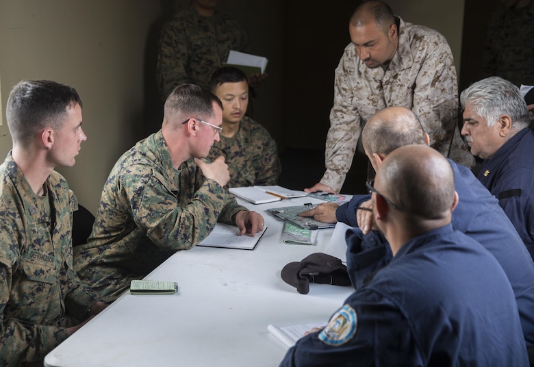Marines with Task Force Southwest advise and assist Afghan role players at a planning meeting during the full mission rehearsal at forward operating base Bravo, Camp Lejeune, N.C., Feb. 28, 2017. The Marines work with Afghan role players to gain a better cultural understanding before deploying later this year to Helmand Province, Afghanistan.  The Marines are scheduled to deploy as part of the task force to train, advise and assist the Afghan National Army 215th Corps and 505th Zone National Police. (U.S. Marine Corps photo by Sgt. Justin T. Updegraff)