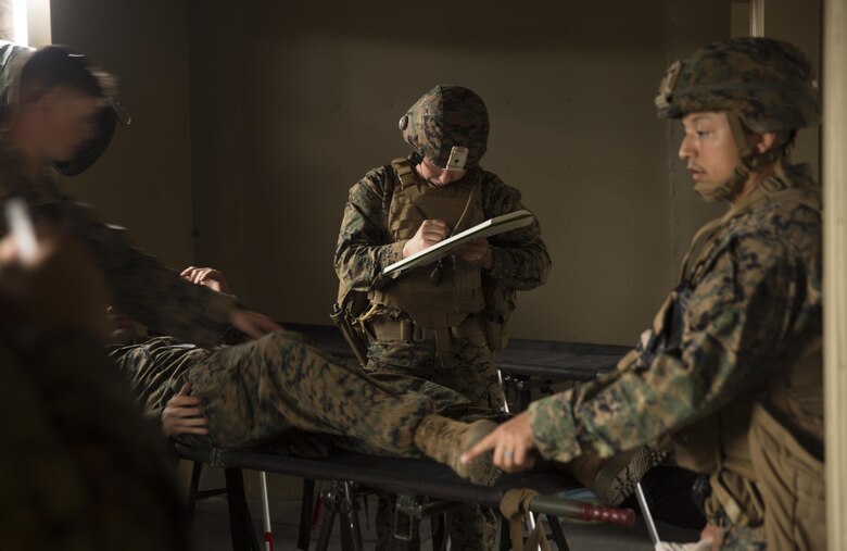 A Navy medical officer with Task Force Southwest writes down a notionally injured Marine’s injuries during a mass casualty drill at forward operating base Bravo, Camp Lejeune, N.C., Feb. 28, 2017. The Marines are scheduled to deploy later this year as part of the task force to train, advise and assist the Afghan National Army 215th Corps and 505th Zone National Police in Helmand Province, Afghanistan. (U.S. Marine Corps photo by Sgt. Justin T. Updegraff)