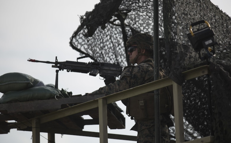 A Marine with Task Force Southwest scans the area for an enemy threat after receiving notional indirect fire during the full mission rehearsal at forward operating base Bravo, Camp Lejeune, N.C., Feb. 28, 2017. The Marines are scheduled to deploy as part of the task force to train, advise and assist the Afghan National Army 215th Corps and 505th Zone National Police. (U.S. Marine Corps photo by Sgt. Justin T. Updegraff)