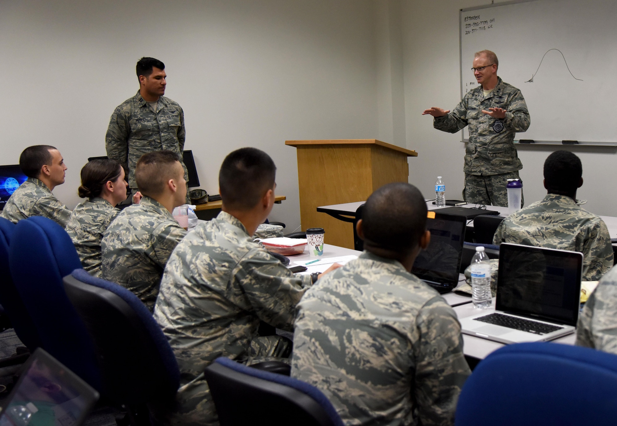 Maj. Gen. Christopher Weggeman, 24th Air Force commander, Joint Base San Antonio-Lackland, Texas, speaks to students in the 333rd Training Squadron undergraduate cyber training course at Stennis Hall during a site visit March 1, 2017, on Keesler Air Force Base, Miss. Weggeman visited with Airmen linked to the cyber curriculum and received an 85th Engineering Installation Squadron mission brief. (U.S. Air Force photo by Kemberly Groue)